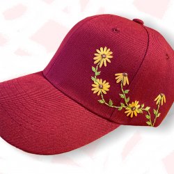 Burgundy Embroidered Cap with Sunflowers