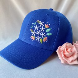 Blue Embroidered Cap with Flowers