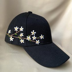 Black Embroidered Cap with White Flowers
