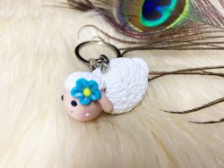Sheep Keychain with Blue Rose Polymer Clay 