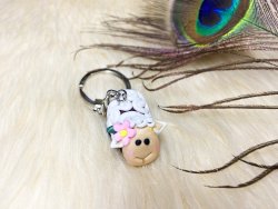 Sheep Keychain with Pink Rose Polymer Clay 