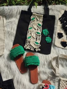 Macrame green slipper , macrame green tote bag , Macrame green earrings