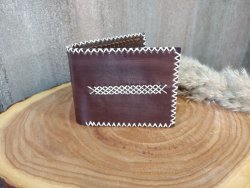 brown wallet with beige thread 