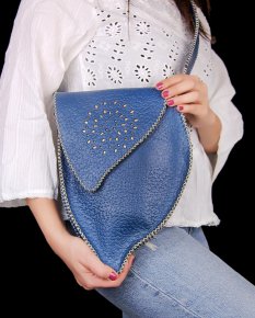 blue bag with  gold leather 